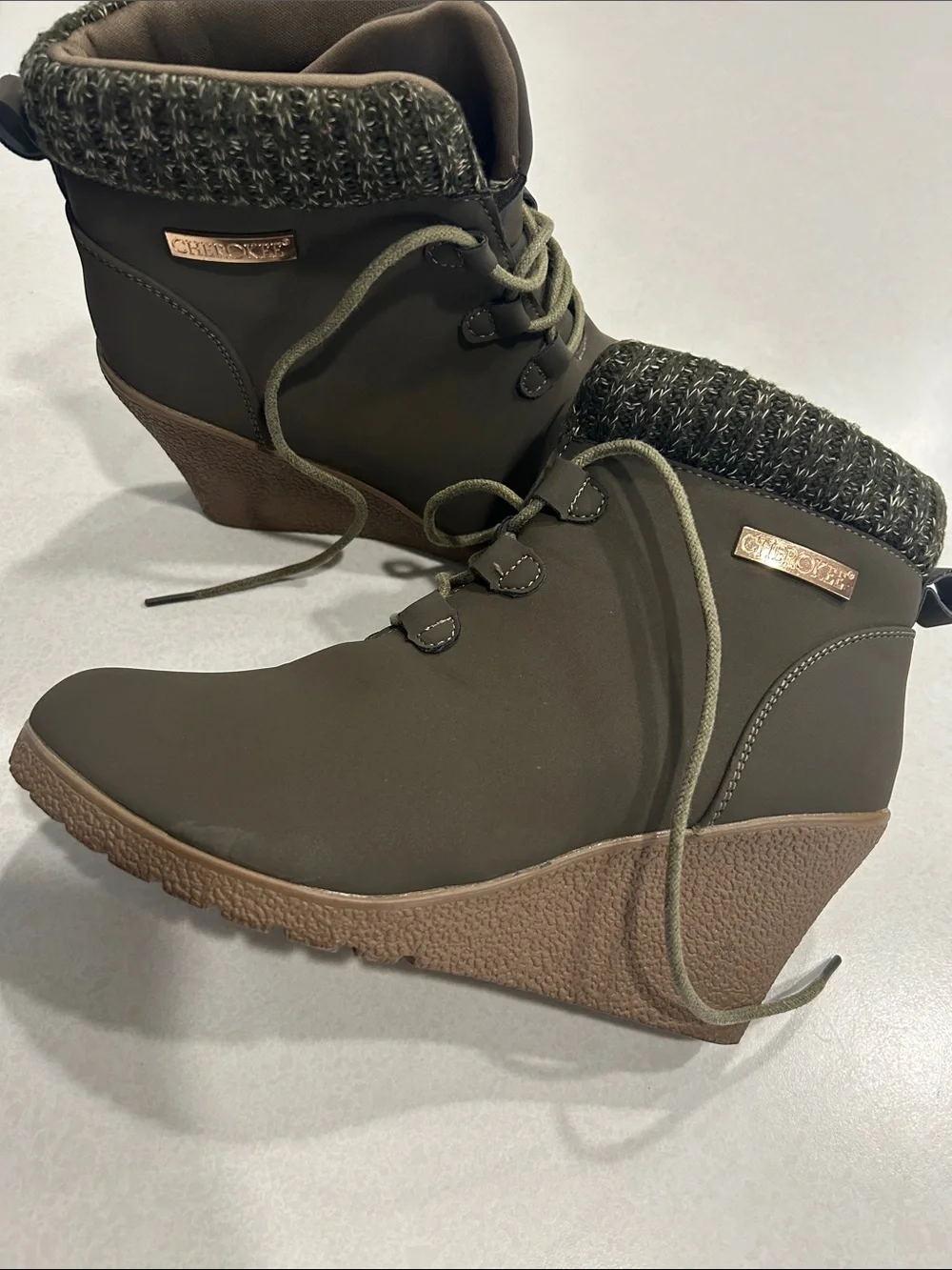 Cherokee Cushioned Wedge Ankle Boots in Olive with Knit Collar -